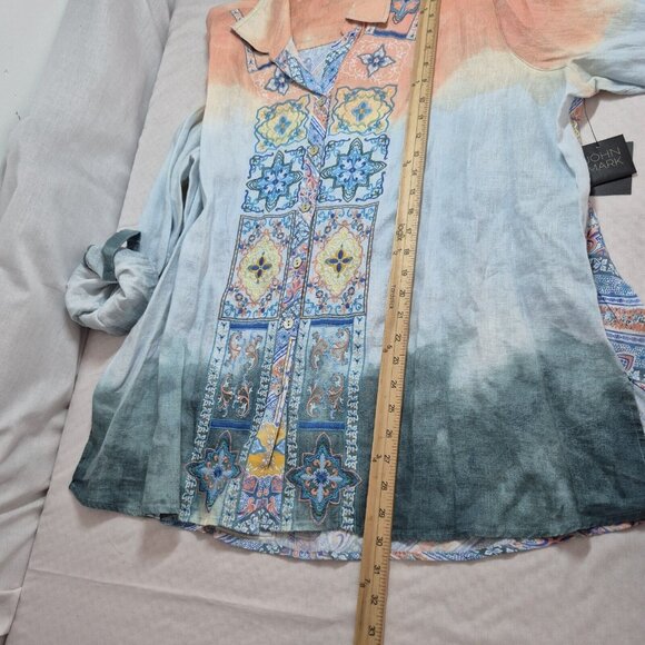 John Mark Women's Shirt Size 2X Top  Linen Tie Dye Embroidered Button Down 53,1 - Picture 5 of 11
